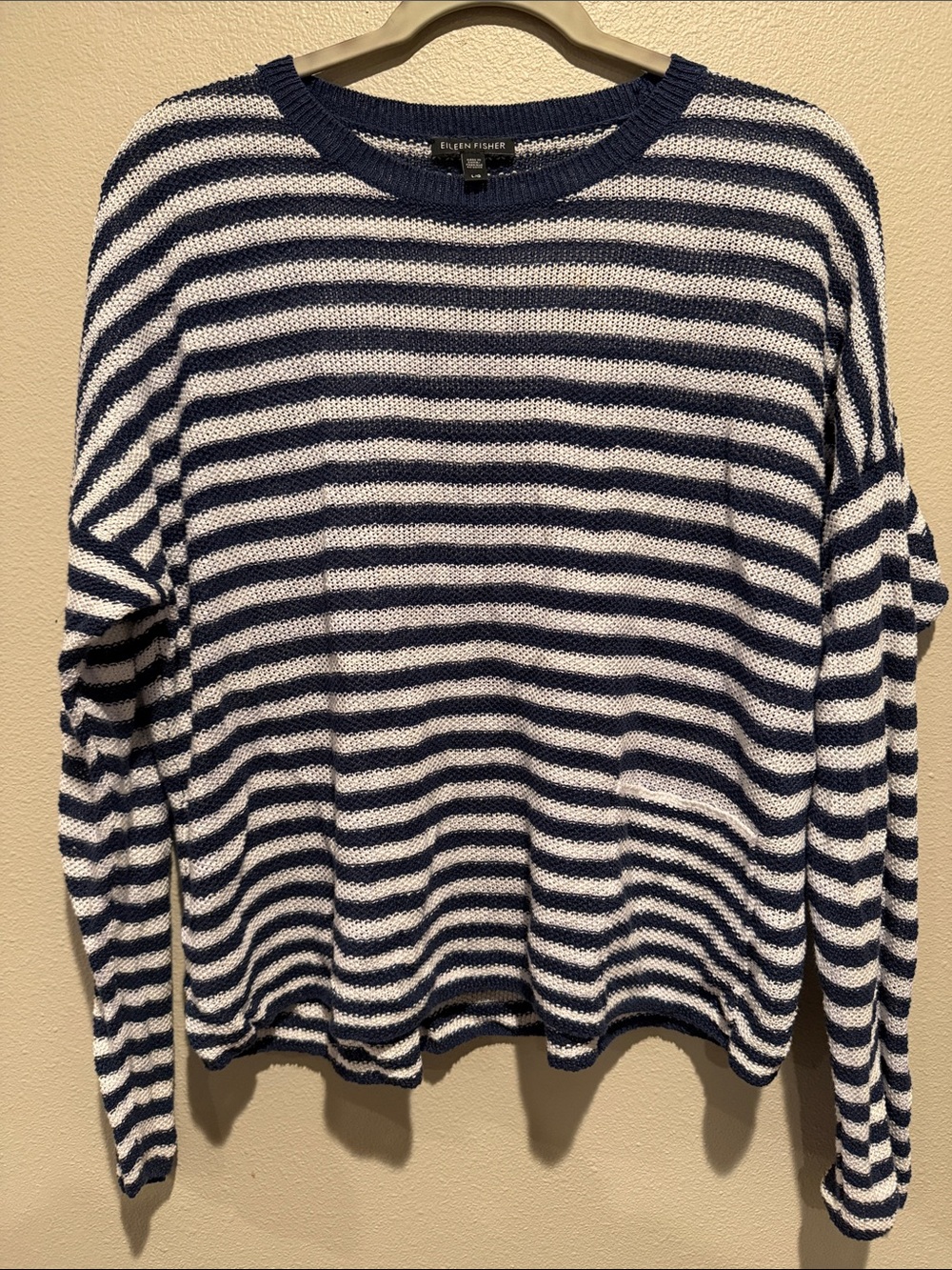 EILEEN FISHER Navy and White Striped Sheer Crewneck Sweater Size: Large